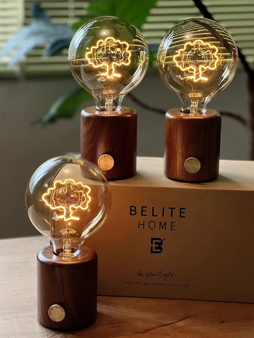 Walnut Wood wireless table lamp - Custom made identity bulb with personalized wordings