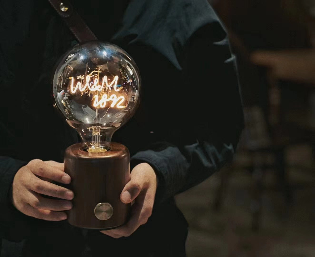 Walnut Wood wireless table lamp - Custom made identity bulb with personalized wordings