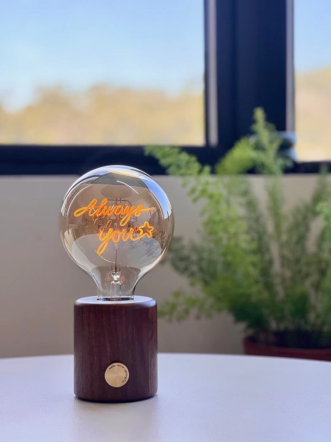 Walnut Wood wireless table lamp - Custom made identity bulb with personalized wordings