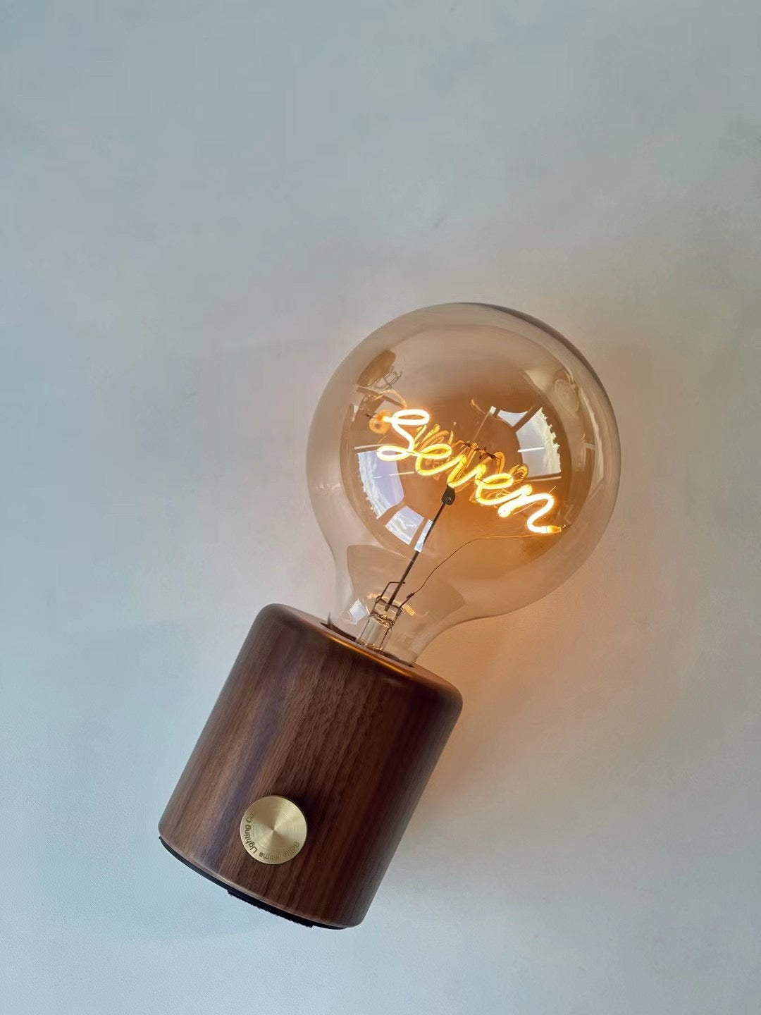 Walnut Wood wireless table lamp - Custom made identity bulb with personalized wordings